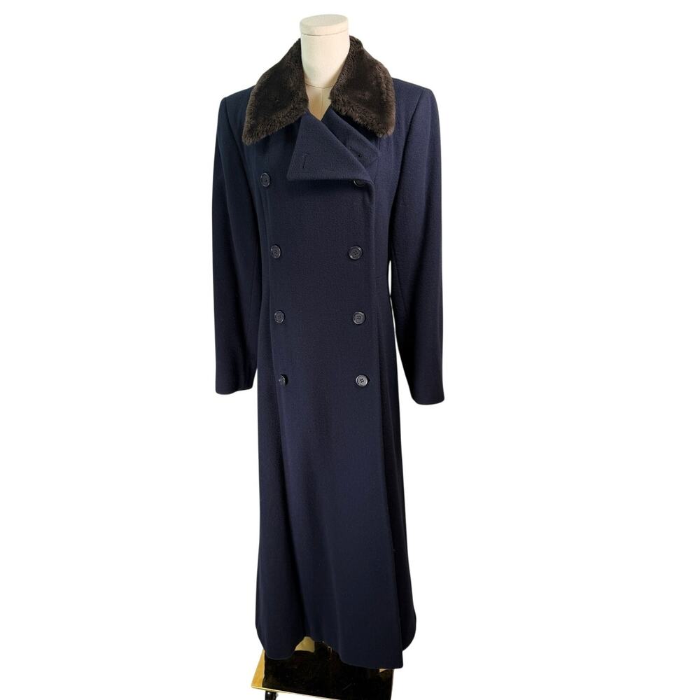 VTG 80s Perry Ellis Portfolio 100% Merino Wool Maxi Coat Faux Fur Collar USA 8